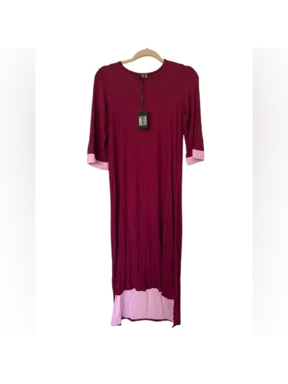 NWT Linear Asymmetrical Burgundy and Pink Stretchy Dress. Size XS